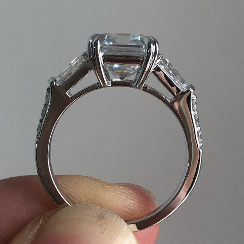 3 CT Asscher Cut Moissanite Engagement Ring, Asscher Three Stone Side Tapered Baguette Wedding Ring, 14K Solid Gold Trilogy Rings for Women image 3