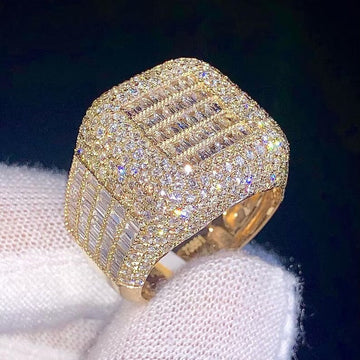 Customized Iced out Baguette Diamond Ring, Silver and Yellow Gold Custom Champion Ring