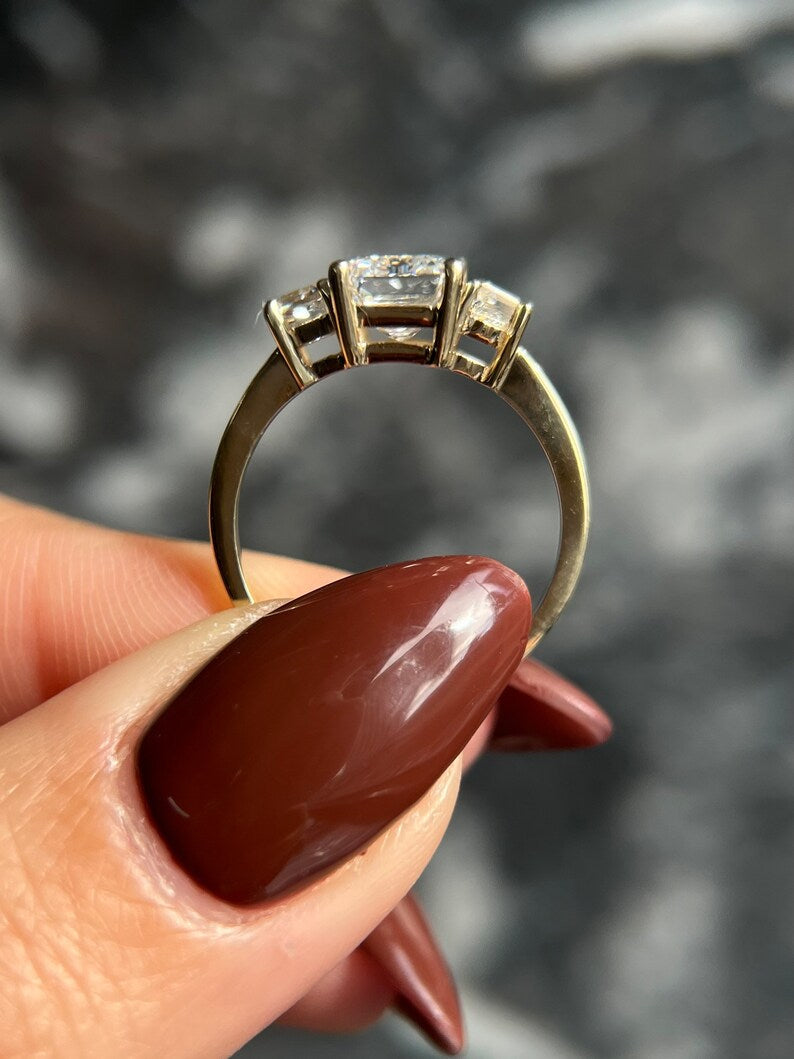 Emerald Cut 2.5 carat IGI Certified D Color VVS2 Clarity Lab Grown Diamond Three Stone Engagement Ring, Side Trapezoids, Handmade Solid Gold image 3
