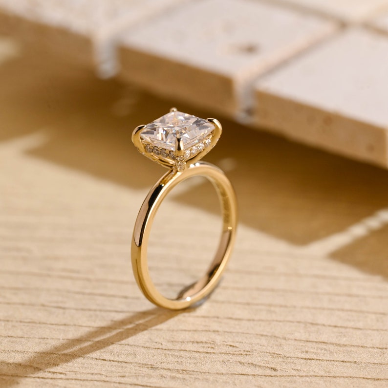 Princess Cut Moissanite Engagement Ring in Solid Gold with Hidden Halo, ZL151 image 8