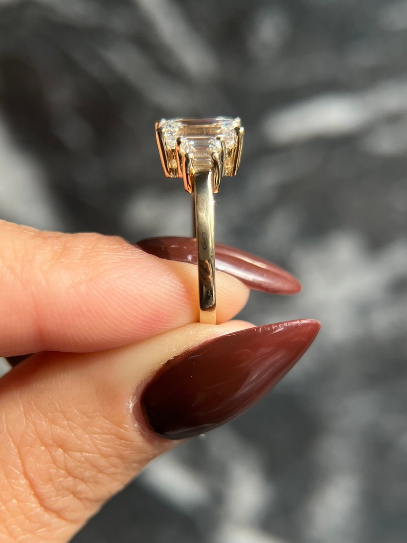 Emerald Cut 2.5 carat IGI Certified D Color VVS2 Clarity Lab Grown Diamond Three Stone Engagement Ring, Side Trapezoids, Handmade Solid Gold image 4