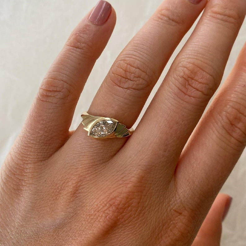 Art Deco Marquise Moissanite Engagement Ring: 14k Yellow Gold Bezel image 4