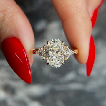 Oval 3.5 carat IGI Certified D Color VVS2 Clarity Lab Grown Diamond Three Stone Engagement Ring, Side Trillion Cut Diamonds 14k Yellow Gold image 1
