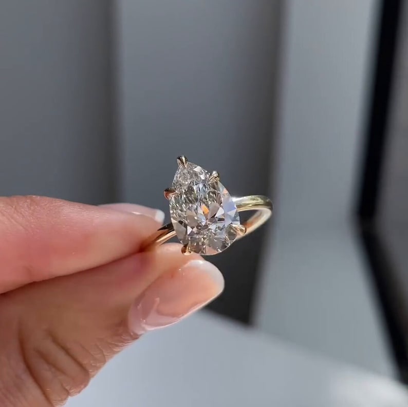 3ct Pear Shape Engagement Solitaire Moissanite Ring in 10k/14k/18k Solid Yellow Gold Plain Band, Hidden Halo Diamond Wedding Rings for Women image 5