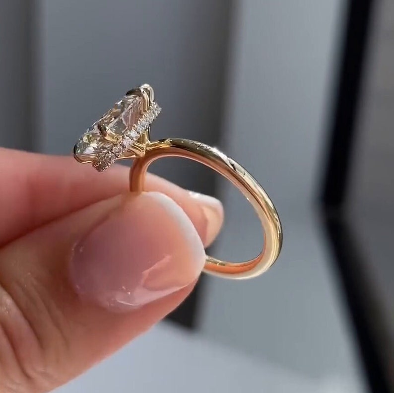 3ct Pear Shape Engagement Solitaire Moissanite Ring in 10k/14k/18k Solid Yellow Gold Plain Band, Hidden Halo Diamond Wedding Rings for Women image 6