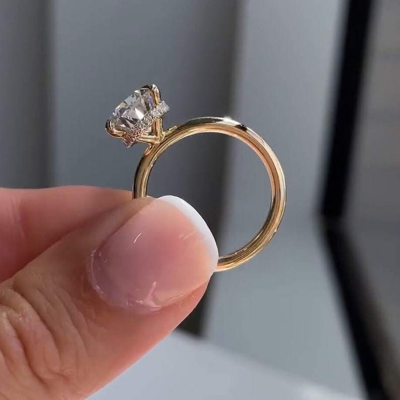 3ct Pear Shape Engagement Solitaire Moissanite Ring in 10k/14k/18k Solid Yellow Gold Plain Band, Hidden Halo Diamond Wedding Rings for Women image 7