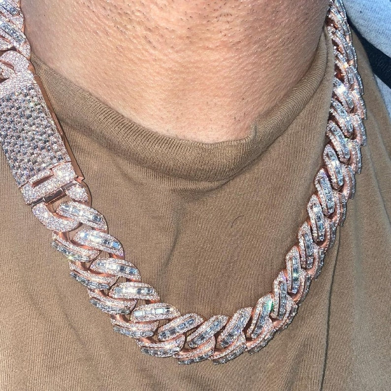 Moissanite Cuban Link Chain, Baguette & Round VVS Moissanite Diamond Studded