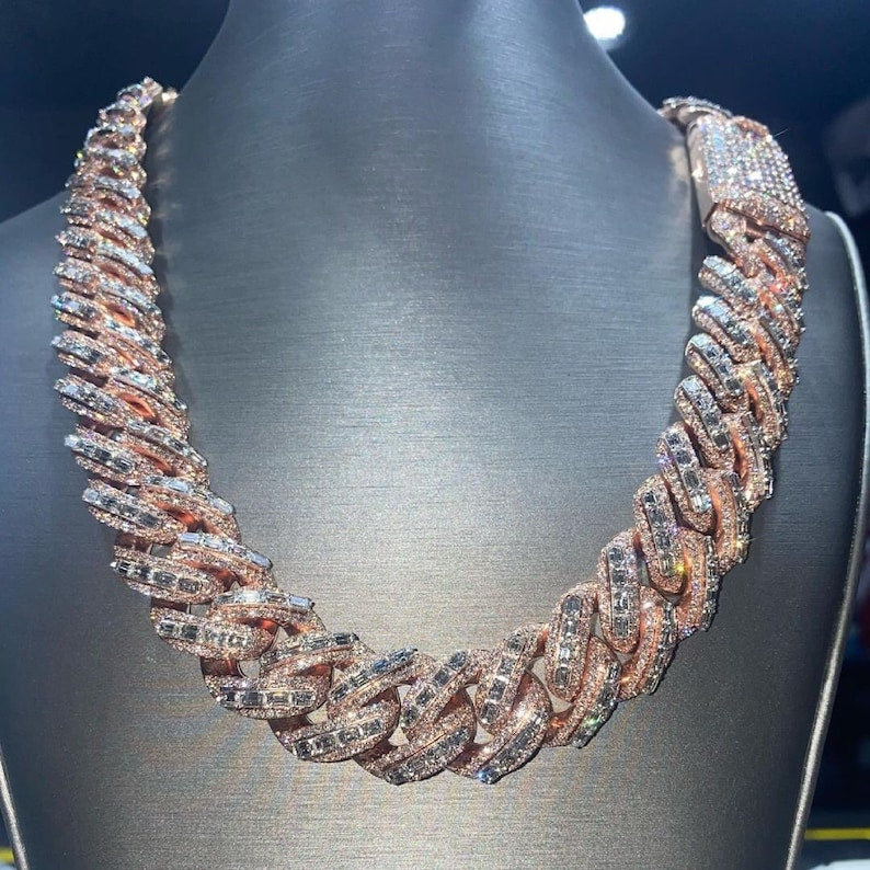 Moissanite Cuban Link Chain, Baguette & Round VVS Moissanite Diamond Studded