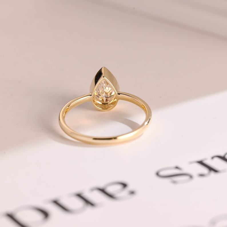Solid Gold Pear Moissanite Engagement Ring with Bezel, Dainty Ring, RS-233 image 9