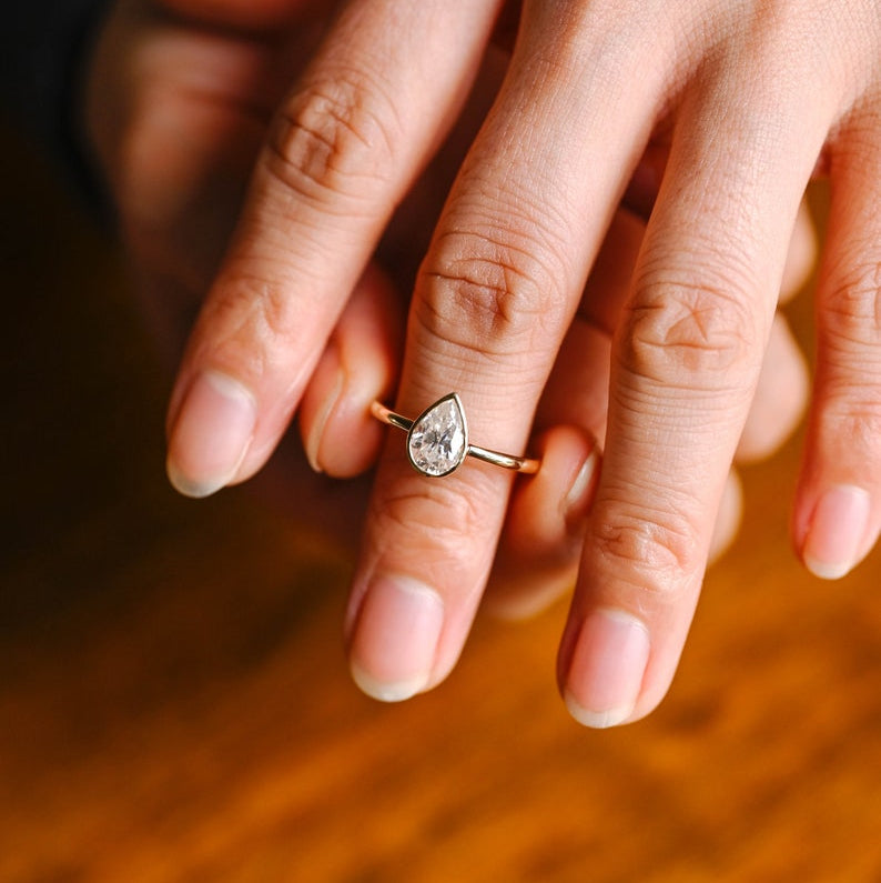 Solid Gold Pear Moissanite Engagement Ring with Bezel, Dainty Ring, RS-233 image 2