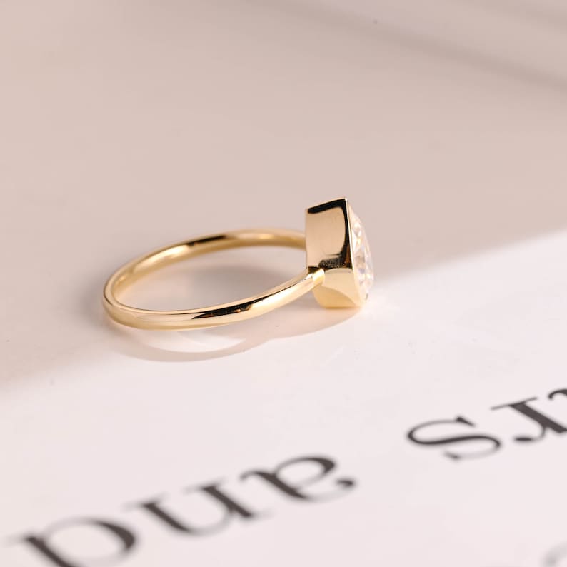 Solid Gold Pear Moissanite Engagement Ring with Bezel, Dainty Ring, RS-233 image 10