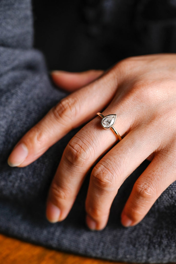 Solid Gold Pear Moissanite Engagement Ring with Bezel, Dainty Ring, RS-233 image 3