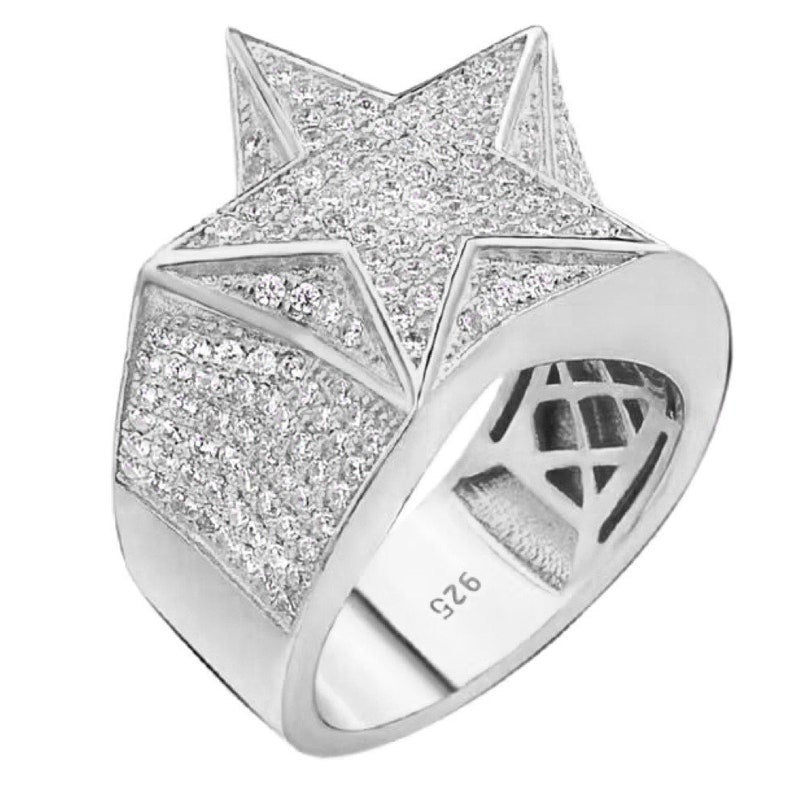 MOISSANITE Star Ring For Men - Passes Diamond Tester - Real Solid 925 Silver - Iconic Bust Down Hip Hop Rapper Ring