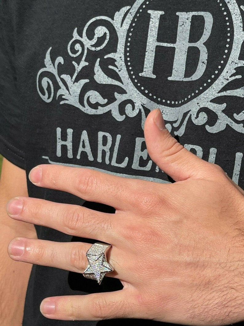 MOISSANITE Star Ring For Men - Passes Diamond Tester - Real Solid 925 Silver - Iconic Bust Down Hip Hop Rapper Ring