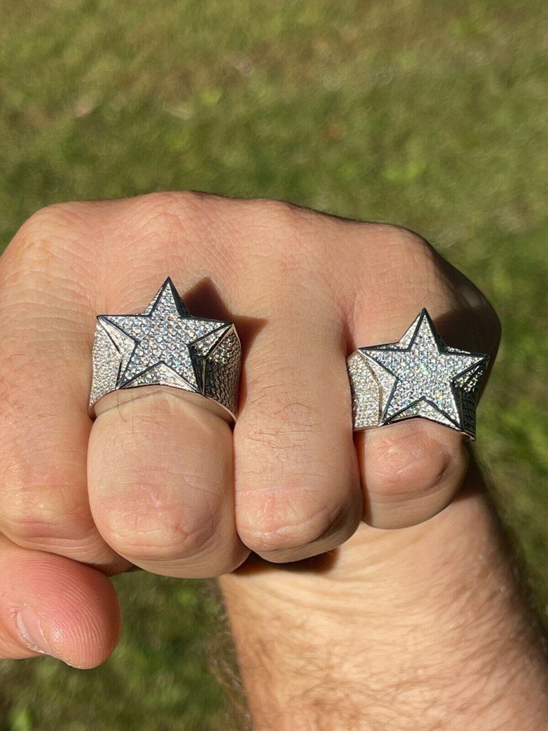MOISSANITE Star Ring For Men - Passes Diamond Tester - Real Solid 925 Silver - Iconic Bust Down Hip Hop Rapper Ring