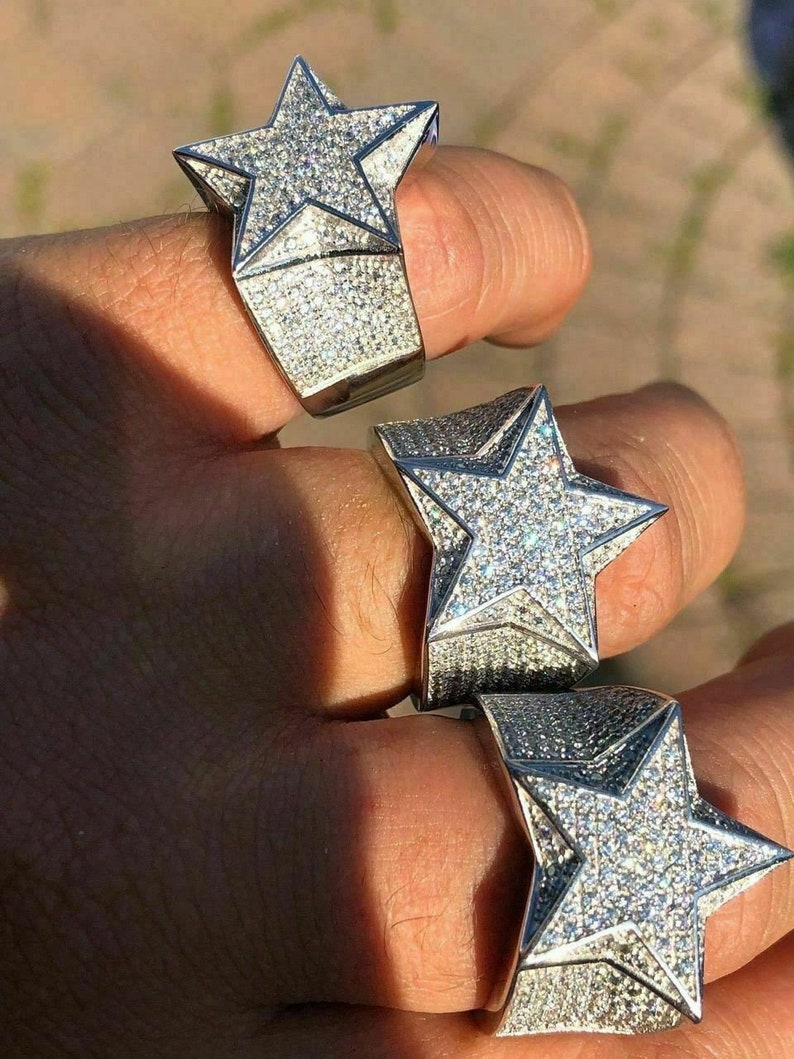 MOISSANITE Star Ring For Men - Passes Diamond Tester - Real Solid 925 Silver - Iconic Bust Down Hip Hop Rapper Ring