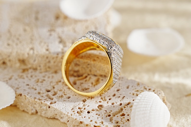 Square Iced Out Diamond Ring 925 Silver With Gold Plated