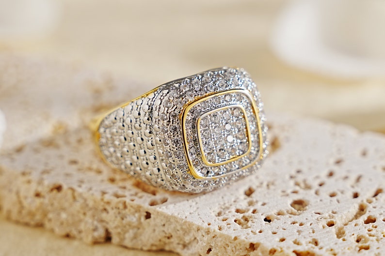 Square Iced Out Diamond Ring 925 Silver With Gold Plated