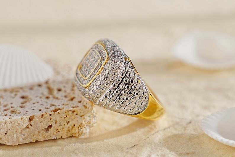 Square Iced Out Diamond Ring 925 Silver With Gold Plated