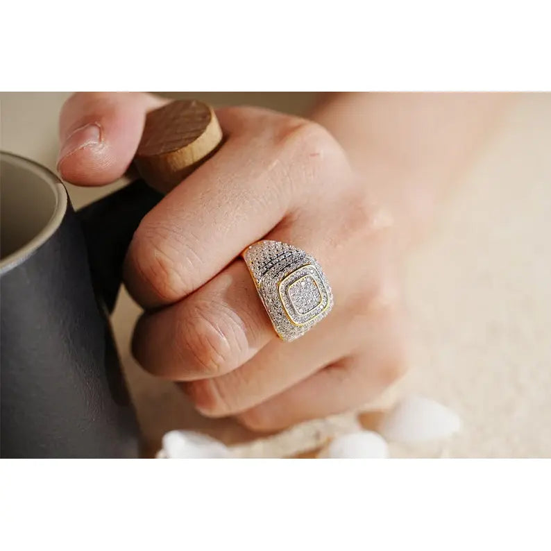 Square Iced Out Diamond Ring 925 Silver With Gold Plated