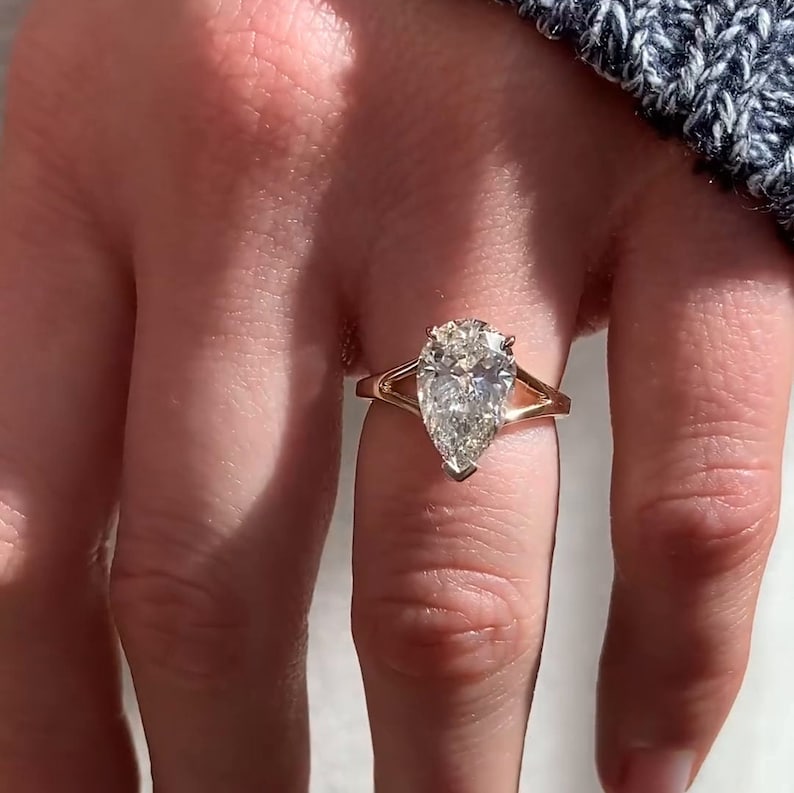 Large 3 carat Pear Shaped Moissanite Engagement Ring, 14k Gold Pear Cut Split Shank Engagement Wedding Ring Tear Drop Solitaire Diamond Ring image 6