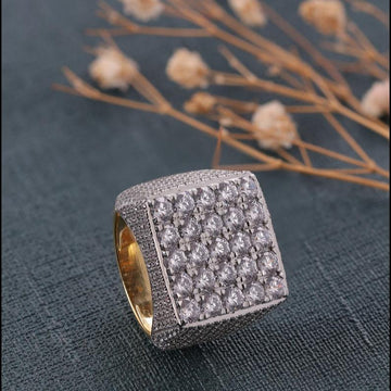 Iced Out Ring For Men Square Shape Yellow Gold Plated