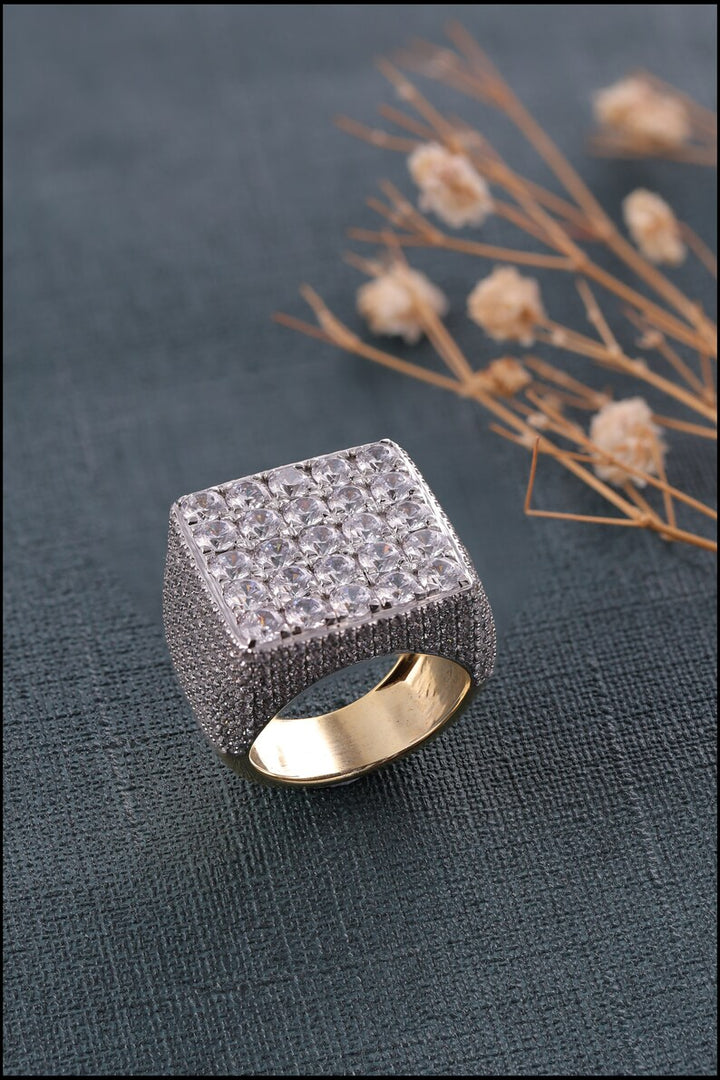 Iced Out Ring For Men Square Shape Yellow Gold Plated