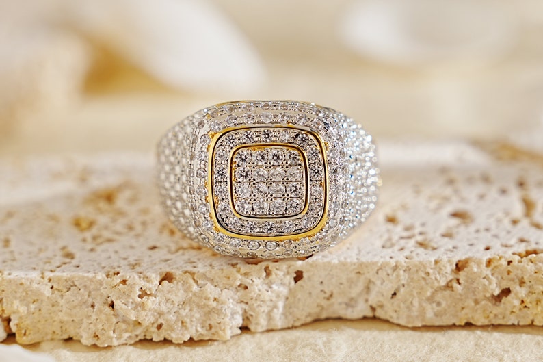 Square Iced Out Diamond Ring 925 Silver With Gold Plated