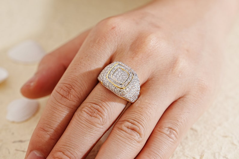 Square Iced Out Diamond Ring 925 Silver With Gold Plated