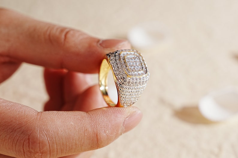 Square Iced Out Diamond Ring 925 Silver With Gold Plated