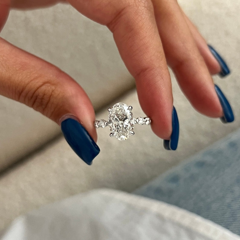 3 Carat Oval Lab Grown Diamond Hidden Halo Ring / Shared Prongs Diamond Engagement Ring / White Gold Luxury Engagement Ring White Gold image 5