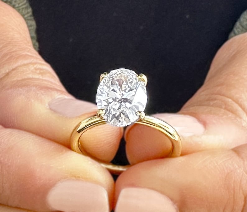Oval Shape Moissanite Engagement Ring Solitaire Four Prong Set Bridal Wedding Ring For Her Minimalist Design 14k Solid Yellow Gold 3.00ct image 7