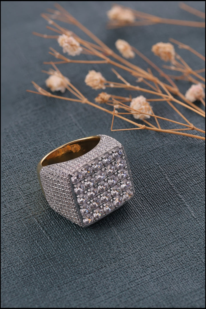 Iced Out Ring For Men Square Shape Yellow Gold Plated