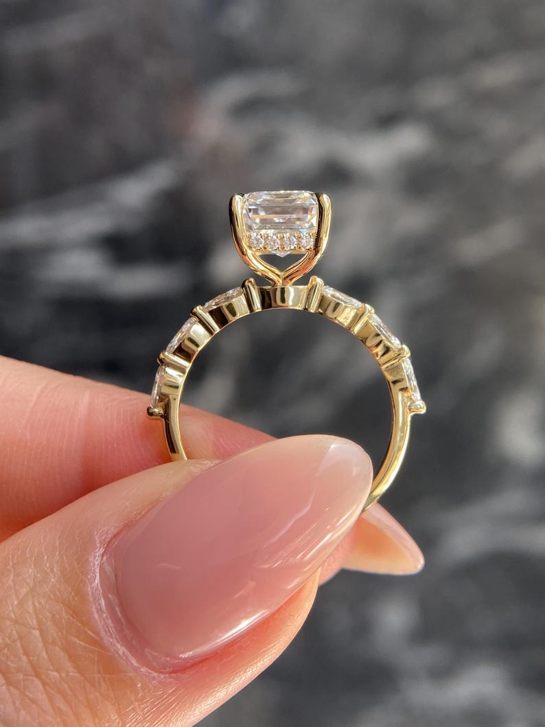 RARE D Color Emerald Cut 4.60 carat VVS2 Clarity IGI Certified Lab Grown Diamond Hidden Halo Engagement Ring, Side Marquise Cut 18K Gold image 3