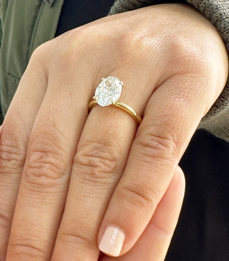 Oval Shape Moissanite Engagement Ring Solitaire Four Prong Set Bridal Wedding Ring For Her Minimalist Design 14k Solid Yellow Gold 3.00ct image 3