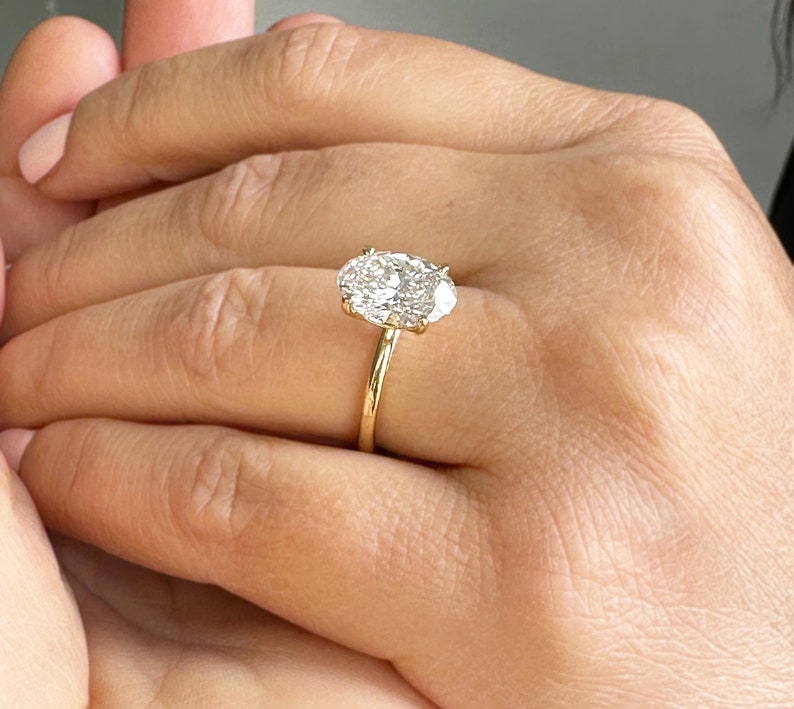 Oval Shape Moissanite Engagement Ring Solitaire Four Prong Set Bridal Wedding Ring For Her Minimalist Design 14k Solid Yellow Gold 3.00ct image 9