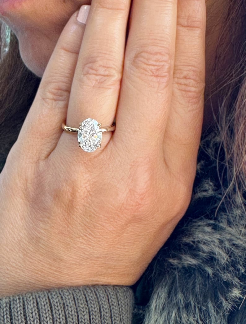 Oval Shape Moissanite Engagement Ring Solitaire Four Prong Set Bridal Wedding Ring For Her Minimalist Design 14k Solid Yellow Gold 3.00ct image 8