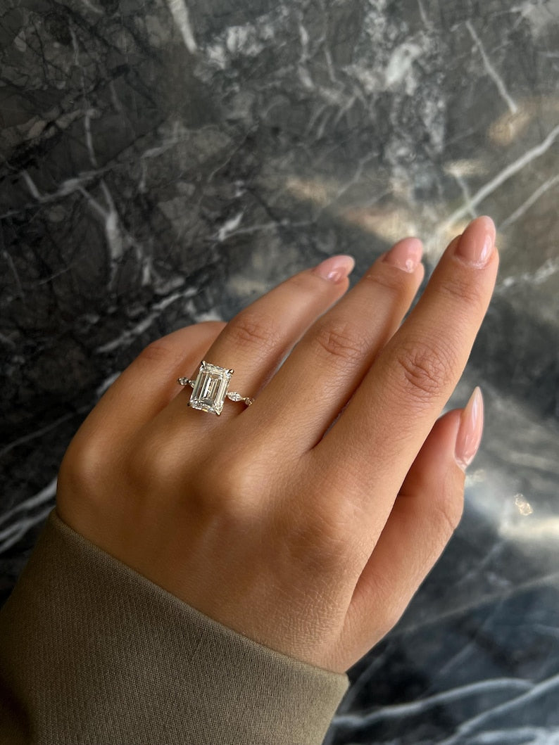 RARE D Color Emerald Cut 4.60 carat VVS2 Clarity IGI Certified Lab Grown Diamond Hidden Halo Engagement Ring, Side Marquise Cut 18K Gold image 2