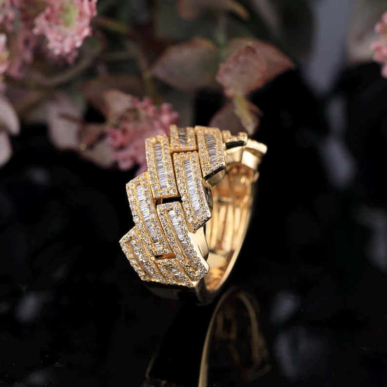 Silver And Yellow Gold Cuban Ring | 1.40 Carat Cuban Diamond Ring | Baguette & Round Diamond Cuban Ring