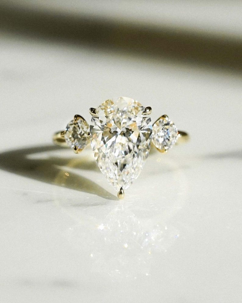 Three Stone 2.89 CT Pear Cut Moissanite Engagement Ring Anniversary Gift Three Stone Ring Christmas Gift For Her image 2