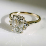 Load image into Gallery viewer, Marvellous!! Emerald Cut Moissanite Ring • Genuine Solid Gold Engagement Ring • Brilliant Round Cut • Three Stone Moissanite Diamond Ring image 2
