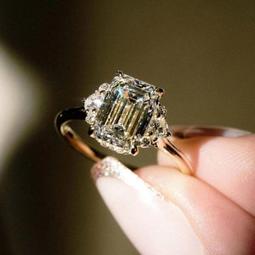 Emerald Cut Solitaire Moissanite Ring • Genuine Solid Gold Engagement Ring • Brilliant Round Cut • Three Stone Moissanite Diamond Ring