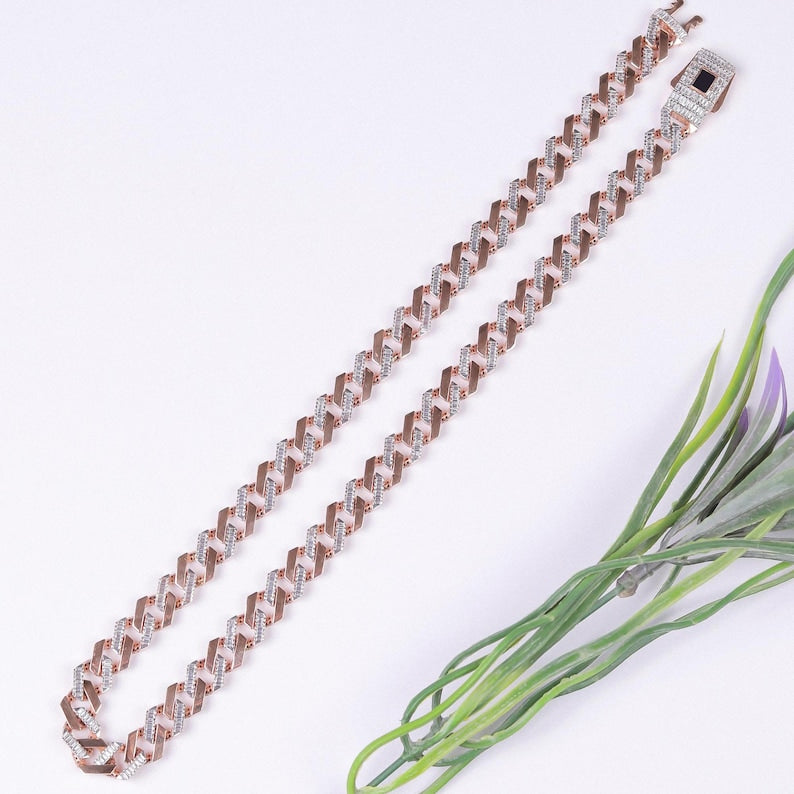 Cuban Link Chain Diamond Silver With Rose Gold