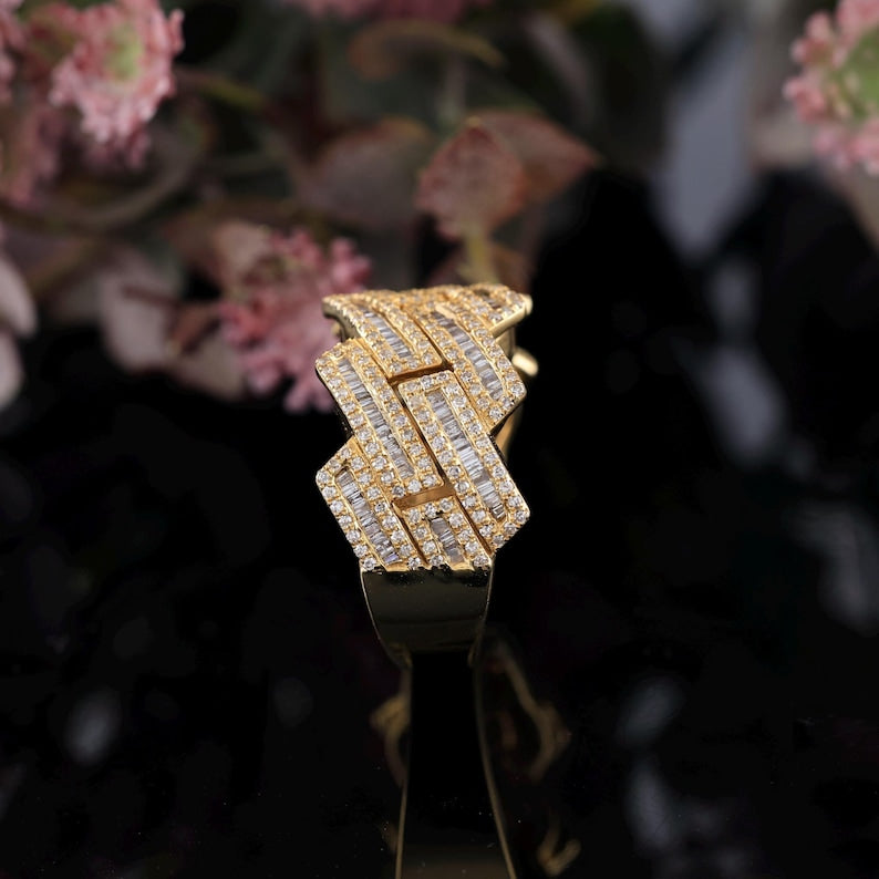 Silver And Yellow Gold Cuban Ring | 1.40 Carat Cuban Diamond Ring | Baguette & Round Diamond Cuban Ring