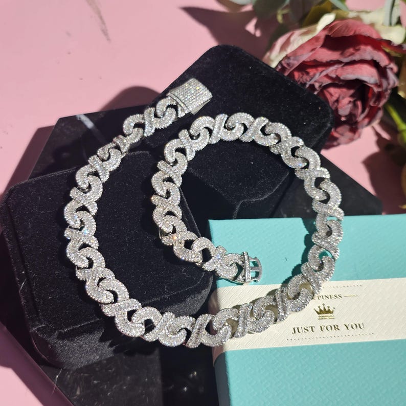 12mm Silver Iced Out Infinity Chain,Baguette Hip Hop Necklace Chain for Women,Personalized Size Chain 16/18/20/22/24inch,Custom Gift for Her