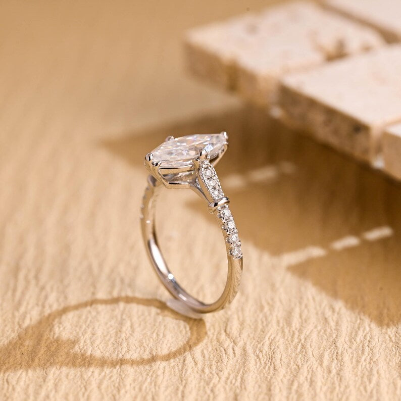 Solid Gold Marquise Cut Moissanite Engagement Ring, Half Pave Bridal Ring, Valentine's Day/ Anniversary/ Birthday Gift for Woman, Wife image 6