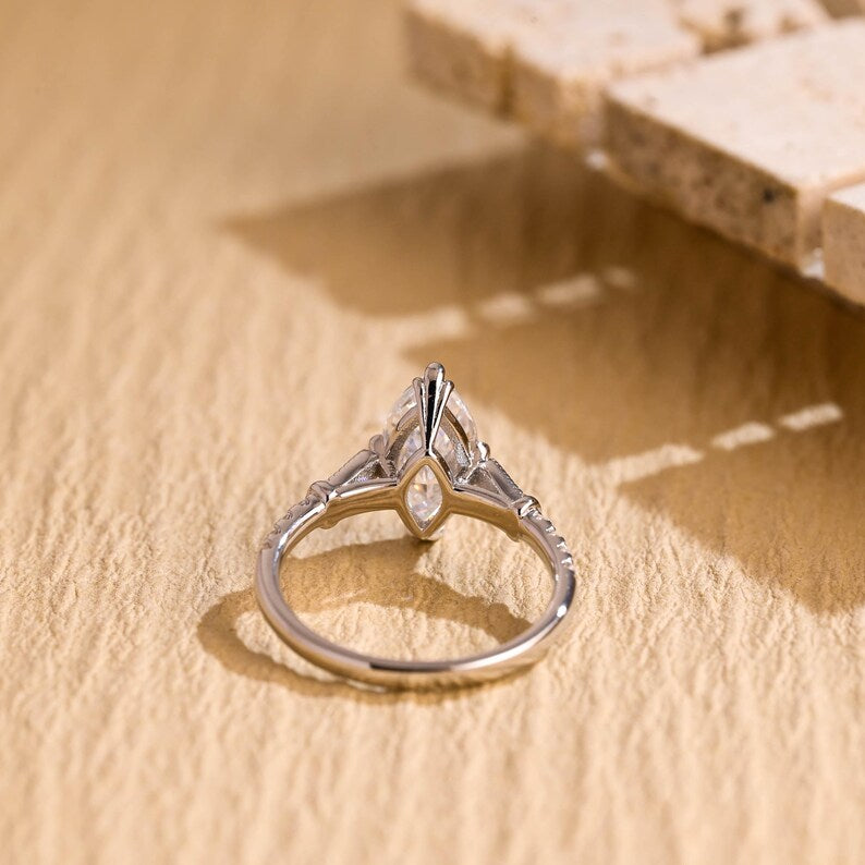 Solid Gold Marquise Cut Moissanite Engagement Ring, Half Pave Bridal Ring, Valentine's Day/ Anniversary/ Birthday Gift for Woman, Wife image 10
