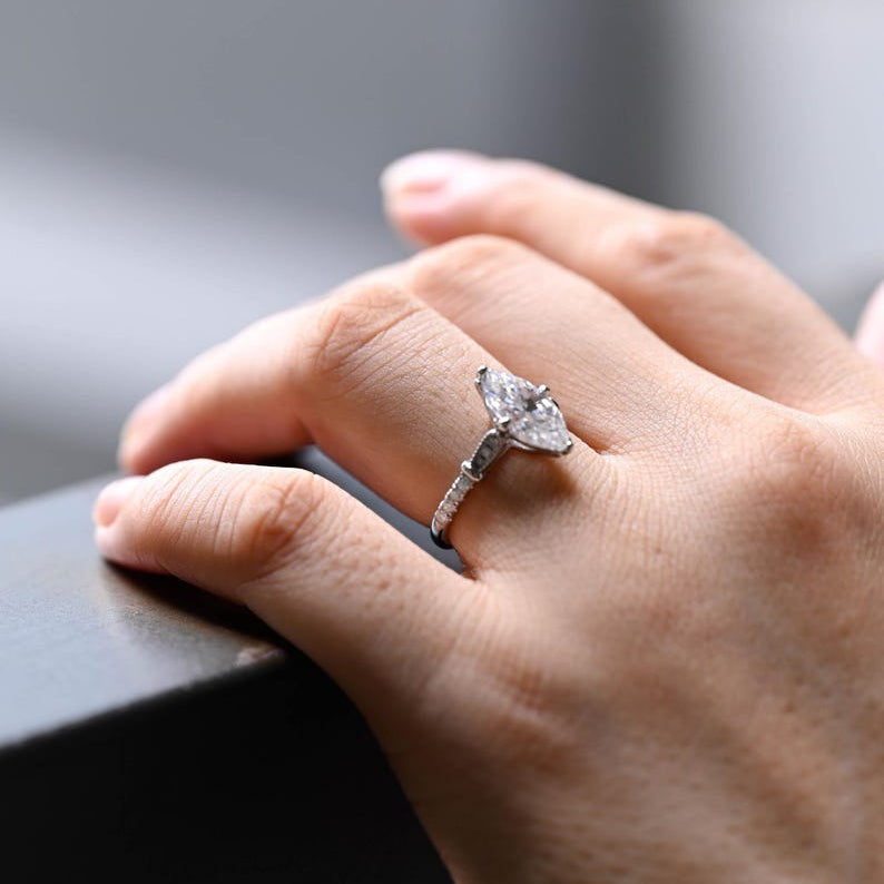 Solid Gold Marquise Cut Moissanite Engagement Ring, Half Pave Bridal Ring, Valentine's Day/ Anniversary/ Birthday Gift for Woman, Wife image 4