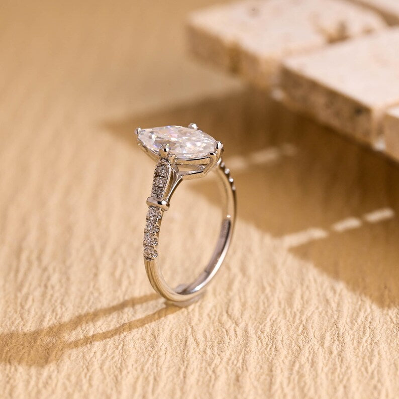 Solid Gold Marquise Cut Moissanite Engagement Ring, Half Pave Bridal Ring, Valentine's Day/ Anniversary/ Birthday Gift for Woman, Wife image 5