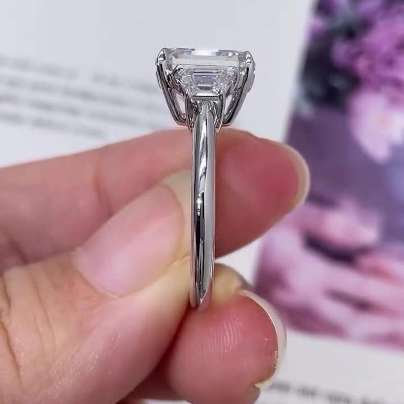 Asscher 5.40tcw Lab Diamond Ring | Trapezoid Side Stones | Three Stone | IGI Certified image 4